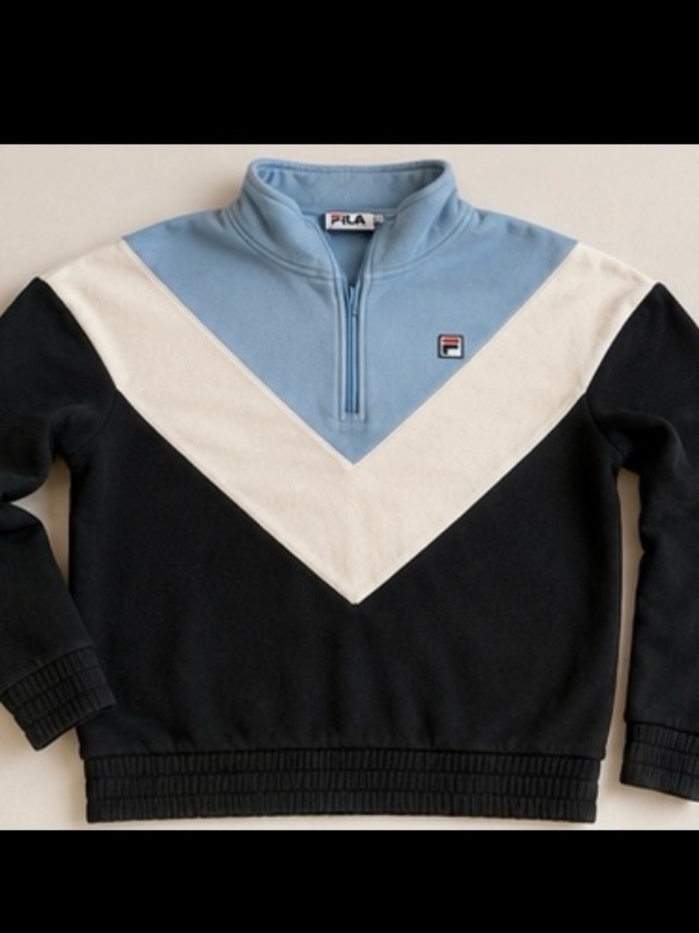Vintage Y2K FILA Men’s Powder Blue, White & Black Half-Zip Colorblock Sweater